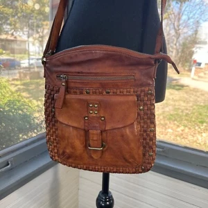 Borsa a tracolla messenger in pelle di rovere tessuto cognac fatta a mano India - Foto 1 di 7