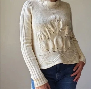 Rosie Neira Anthropologie Cream Cloud Leaf Knit Wool Sweater - Large - Picture 1 of 8