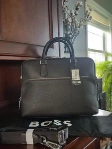 Hugo Boss New Men's Crosstown_S. Doc Briefcase Messenger Bag Black Leather - Picture 1 of 20