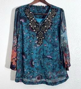 Soft Surroundings L Large Beaded V neck Sheer Tunic Top Detachable Tank Blue - Picture 1 of 8