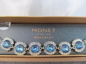 NWT MONET SILVER & LT BLUE PRINCESS CUT STONE with CRYSTALS STATEMENT BRACELET - Picture 1 of 6