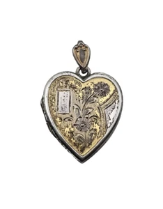 ANTIQUE GOLD SILVER HEART LOCKET ETCHED HEART EDWARDIAN HEART LOVE TOKEN PENDANT - Picture 1 of 14