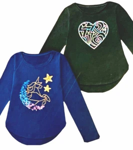 Nuevas 2 Camisas Niñas Talla 7/8 LS Negras/Azules Lentejuelas Inverso Unicornio y Corazón Brillante - Imagen 1 de 6