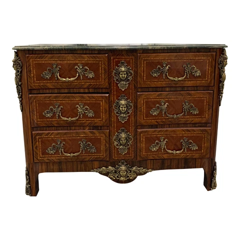 1940s Vintage Antique Marble Top French Gold Gilt Brass Hardware Dresser Cover