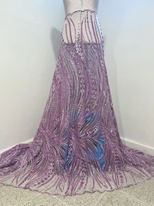LAVENDER  Beaded Sequins Embroidery Bridal Lace Fabric 50” Width Sold By Yard - Picture 1 of 6