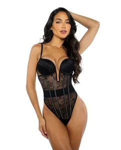 Belle Noir Chantilly Lace Satin Teddy – Black M – Sexy Lingerie Bodysuit - Picture 1 of 4