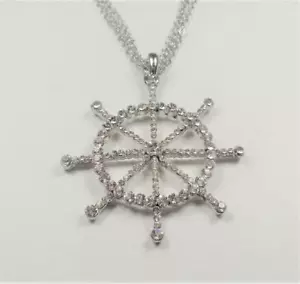 BEACH FASHION NAUTICAL SHIPS WHEEL SPARKLING CRYSTALS RHODIUM PENDANT NECKLACE - Picture 1 of 5