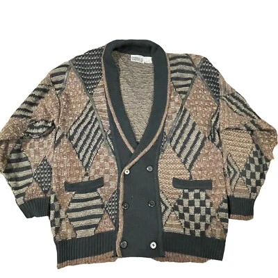 Cárdigan Suéter Vintage Años 80 Cuero Borde XL Marrón Negro Chal Cuello Grandpacore Foto 1 de 4