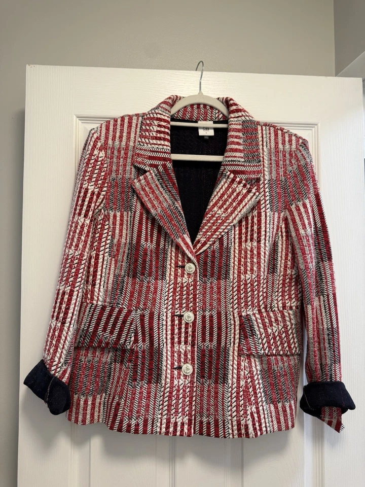 Blazer para mujer Cabi Patchwork #6028 rojo blanco azul chaqueta clásica grande usado en excelente estado Foto 1 de 1