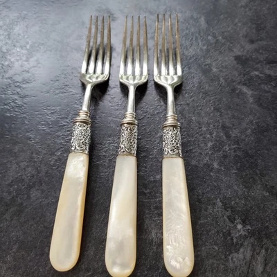 3=Antique DINNER  FORK w/MOP handle, Sterling Band   7 1/4"   #393 - Image 1 of 4