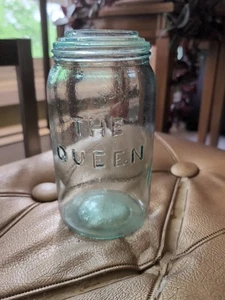 The Queen Quart Mason Fruit Jar & Lid Pat Nov 2 1869 Whittled Aqua Glass Antique - Picture 1 of 7
