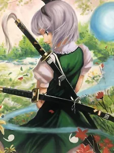 Fantastic Vibrant Swordswoman w/ Katanas Japanese Anime Painting Signed 20x16" - Picture 1 of 9