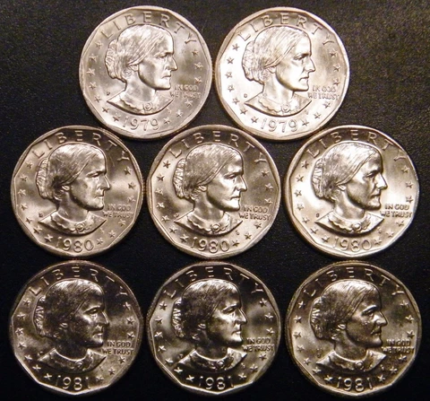 1979 PD 1980 PDS 1981 PDS Susan B Anthony BU Dollar US Mint Cello Run 8 Coin Set Cover