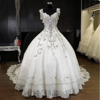 Luxury White Wedding Dresses Beads V-neck Sequin Court Train A Line Bridal Gowns - Image 1 of 4