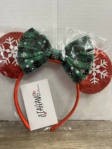Weihnachten Maus Ohren Stirnband rot Pailletten Ohren mit grüner Schleife und Schneeflocken (H) - Bild 1 von 9