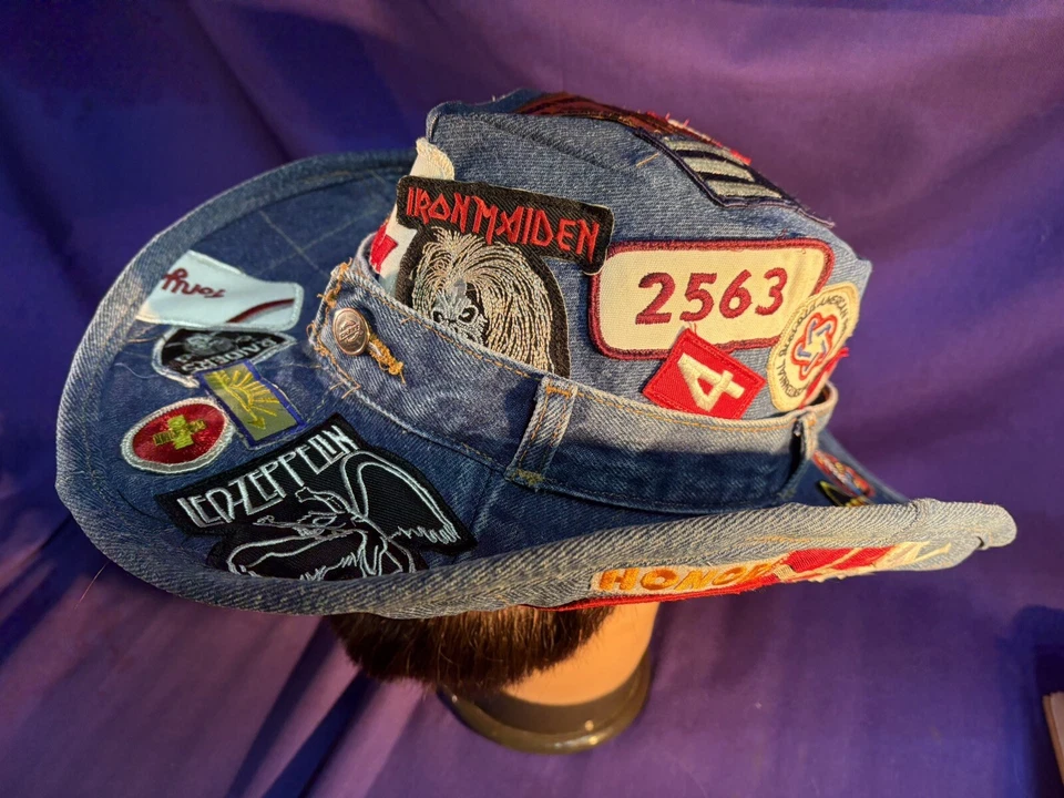 Cowboy Hat size 7 3/4 or XXL handmade upcycled blue jeans patches rockabilly - Image 1 of 4