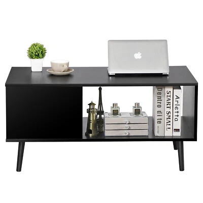2 Tier Wooden Coffee Table w/Storage Shelf Accent Furniture Cocktail Table Black - Image 1 of 4