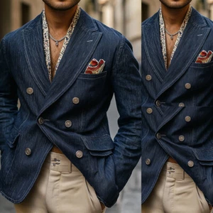 Autumn Men's Denim Double Breasted Jacket Casual Sports Coat Leisure Blazers New - Picture 1 of 11