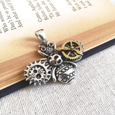 925 Sterling Silver Large Bee Pendant Movable Brass Gear Steampunk Unique Unisex - Image 1 of 4