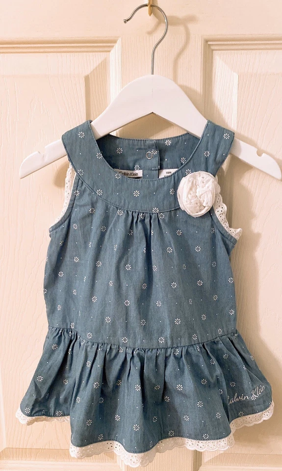 Calvin Klein Girls Size 18 Months Chambray Eyelet Trim One Piece Dress Headband - Image 1 of 4