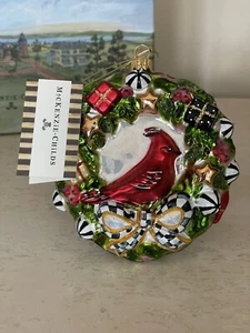 NEW MacKenzie-Childs Glass Ornament - Jolly Dated Wreath Red Cardinal In BOX! - Picture 1 of 11