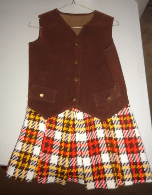 1960's Girl's Brown and Plaid Mini Dress Outfit size ~14-16 - Image 1 of 4