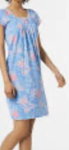 $62 Miss Elaine  sleep shirt rose print  blue trim picot  SS  medium  P52#3 - Picture 1 of 6