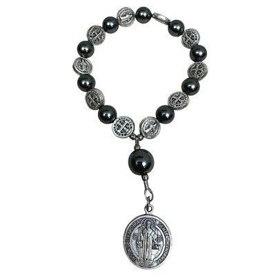 St. Benedict Protection Rosary Bracelet Black Swarovski Glass Crystal Beads 5 in - Image 1 of 4
