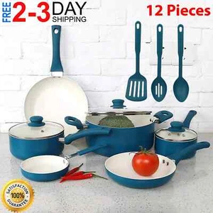 Nonstick Cookware Set 12 Piece Kitchen Ceramic Pots and Pans with Lids Cooking - Picture 1 of 7