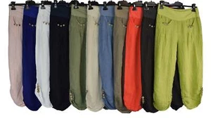 Linen 3/4 Cropped Trousers with Button Detailing Lightweight Italian Trousers. - Picture 1 of 2