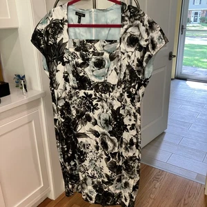 Escada Sz 46 Cotton Dress Roses Black White And Blue Empire Waist Cap Sleeves - Picture 1 of 14