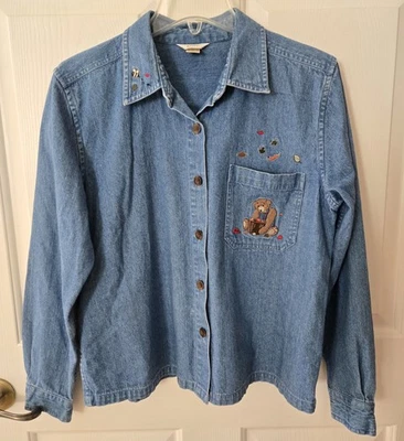 Christopher Banks M Blue Denim Garden Farm Chore Jacket Teddy Bear Fall... - Image 1 of 4