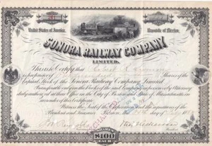1882 Sonora Railway Company - capital stock certificate -- Mexican railroad - Picture 1 of 1
