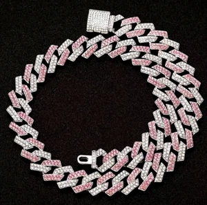 Hip Hop Pink Iced Bling CZ Silver Plated Cuban Link Baseball Chain Necklace 20" - Picture 1 of 5