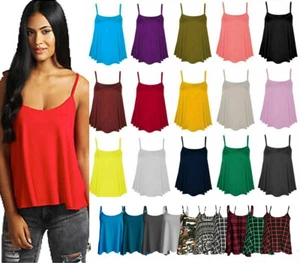 Womens Ladies Plus Size Cami Plain Neon Strappy Swing Vest Top Flared Sleeveless - Picture 1 of 25