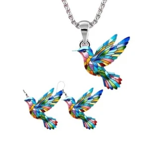 Fashionable Hummingbird Necklace Earrings Colorful Acrylic Pendant for Ladies - Picture 1 of 8