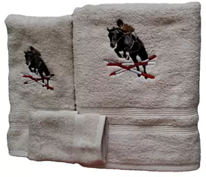 Embroidered Jumping Horse and Rider on Beige Bath Towel Set Wash Hand - Picture 1 of 2