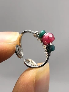 Fine Silver Handcrafted Ear Cuffs Genuine Ruby + Emerald E11 - Picture 1 of 7