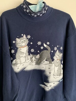 L Vintage Mañana Sol Copo de Nieve Gatos Azul Sudadera Invierno Nieve Gatito Foto 1 de 4