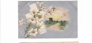 Cartolina Croce di Pasqua / gigli / uccellini blu / sfondo argento - Foto 1 di 2