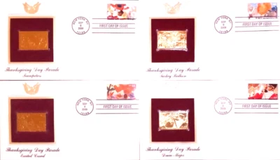 Thanksgiving Day Parade - COMPLETE SERIES OF ALL 4! - 22kt Golden Replica Stamps - Image 1 of 4