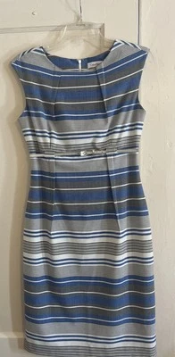 Calvin Klein Dress 4 Blue White Striped Sheath Belted Sleeveless Lined City Chic - Image 1 of 4