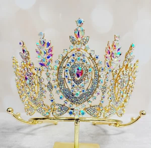 Gold Crown, Quince Crown, Pageant Crown, Princess Hair Jewelry, Diamond Crystal - Picture 1 of 8