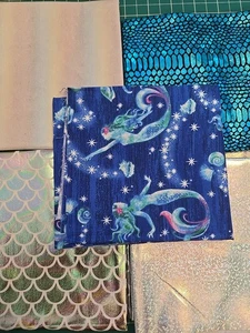 FAT QUARTER BUNDLE  Mermaid Scales 5 Set New Craft Iridescent Blue Fabric Custom - Picture 1 of 8