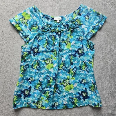 Blusa Dressbarn Top XL Volantes Floral Azul Acuarela Ligera Y2K Informal Foto 1 de 4