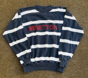 Vintage United Colors Of Benetton sweatshirt Sweater White/Navy Striped Sz M (b) - Picture 1 of 11