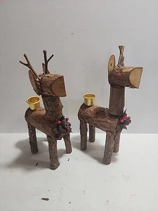 Christmas Around the World 1990's Vintage Natural Bark Wood Reindeer Set of Two - Picture 1 of 16