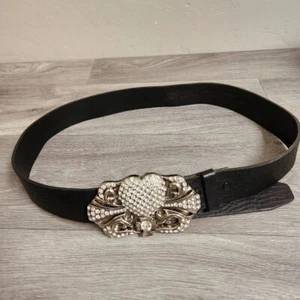 Cintura nera lavata Hollywood taglia 36 cuore croce strass vera pelle - Foto 1 di 13