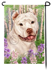 Spring Flowers Garden Flag - Cropped White Pit Bull Terrier - Picture 1 of 1