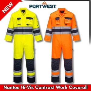 PORTWEST Nantes Hi-Vis Contrast Work Coverall Safety Workwear Suit TX55 UK Stock - Picture 1 of 8